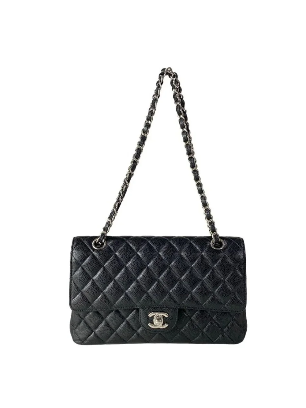 Chanel Shoulder Bag Double Flap Quilted Black Chain Silver